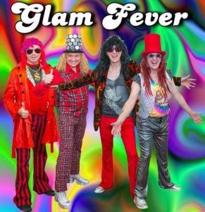 A brightly coloured of photo of four band members wearing 70s style clothes and wigs